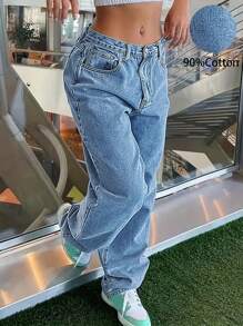 Women's All-Match Straight-Leg Jeans, Casual Y2K Style, Versatile For All Seasons - Medium Wash - View 1
