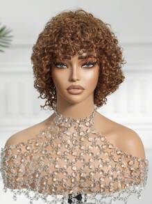 Short Curly Pixie Cut  Brown Color Machine Made Human Hair Wig With Bangs - S30 - View 4