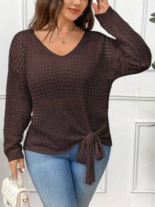 Elenzga Plus Size Solid Color Hollow Out Knitted Tie Up Sweater, Casual For Autumn/Winter Fall - Coffee Brown - View 4
