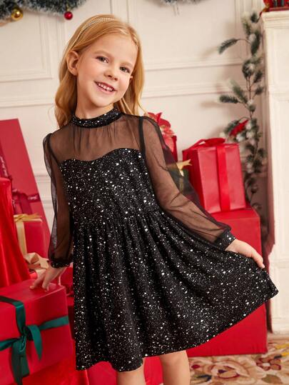 SHEIN Vestido de gala largo de manga larga con panel de malla de lámina plateada y negra, cintura imperio, elegante y lujoso para niñas y mujeres jóvenes. Versátil y apropiado para salidas diarias en otoño/invierno, se combina bien con diferentes chaquetas, abrigos y sobretodos.