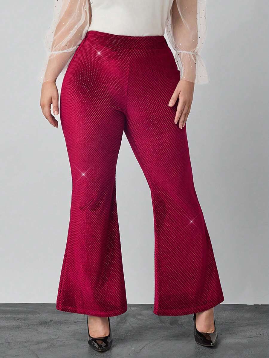 SHEIN Clasi Plus Size Women's Red Velvet Sparkly Flared Pants For Party - Burgundy - View 1