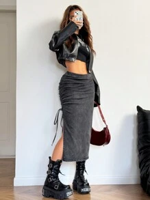 SHEIN EZwear 女士秋冬 Y2K 基本款牛仔弹力水洗 Grunge 裙子 - 黑色 - 查看 6