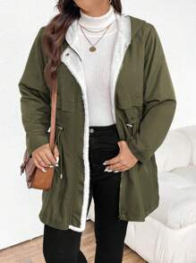 SHEIN Frenchy Chaleco con capucha unicolor, manga larga, parche de sherpa, simple y casual para tallas grandes - Verde - Ver 6