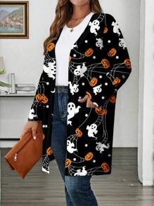 EMERY ROSE Plus Size Women Halloween Pumpkin Skull Bat Printed Casual Loose Long Sleeve Lightweight Cardigan Winter Fall Autumn - Black - View 6