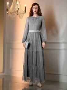 The Great Gatsby x MOTF GLITTER MESH OVERLAY LANTERN SLEEVE TIERED HEM FAUX PEARL WAIST EVENING DRESS
