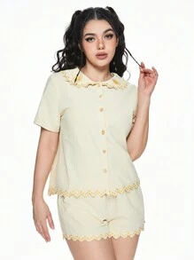 ROMWE Hippie Style Sun Embroidered Women's Homewear Set With Fringed Hem - Apricot - View 3