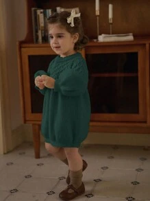 SHEIN Baby Girl Cute Solid Color Lantern Sleeve Sweater Dress, Crew Neck, Autumn/Winter