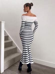 SHEIN Unity Stripe Off Shoulder Fitted Knit Long Sleeve Top & Bodycon Maxi Fish Tail Skirt, Sexy Women Dress Set - Black and White - View 2