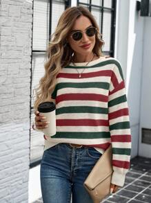 SHEIN LUNE Valentine Day Sweater Women's Round Neck Casual Striped Long Sleeve Sweater In Fall/Winter