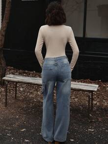 SHEIN EZwear Của phụ nữ Vạt váy một nửa dây nút Tay áo dài Áo liền quần chặt - Màu be - Xem 2