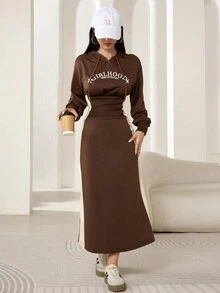 Mulvari 女士纯色拼接长袖字母印花简约连衣裙 - 彩色 - 查看 5