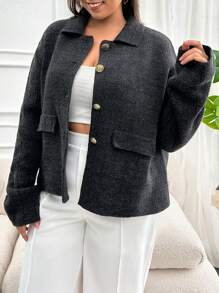 EURMUSE Plus Size Elegant Front Button Cardigans, Dropped Shoulders, Autumn, For Winter - Grey - View 6