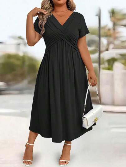 EMERY ROSE Plus Size Casual Solid Color V-Neck Cinched Waist Slant Pocket Sundress For Summer, For Thanksgiving Maxi Women Outfit