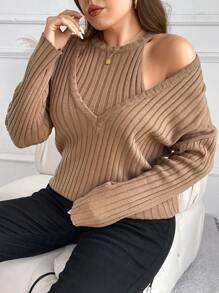 SHEIN Frenchy مجموعة كنزة صوفية وتوب كروشيه عادي مقاس كبير للربيع والخريف - بني مخاوي - مشاهدة 1