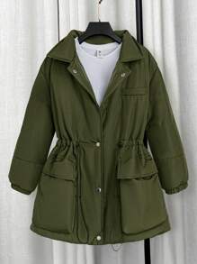 Flirla Abrigo acolchado casual de talla grande con cuello vuelto, bolsillo delantero, cierre con botones y cintura ceñida, color verde militar - Verde militar - Ver 1