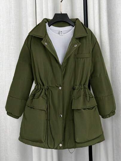 Flirla Vêtements d'hiver grande taille Manteau rembourré avec col à revers, poches avant, fermeture par boutons, taille cintrée, décontracté, vert militaire