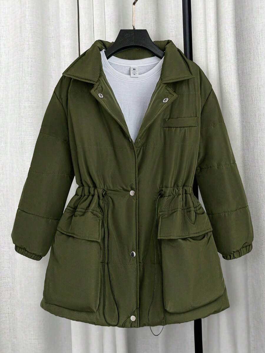 Flirla Abrigo acolchado casual de talla grande con cuello vuelto, bolsillo delantero, cierre con botones y cintura ceñida, color verde militar - Verde militar - Ver 1