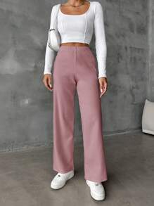 SHEIN Cottnline Chất rắn Đồ đan Ribbed Quần chân thẳng - Hồng - Xem 4
