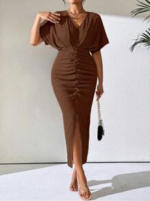 EMERY ROSE 1pc Women's Solid Color V-Neck Batwing Short Sleeve Ruched Slit Bottom Elegant Dress Maxi Women Outfit - Coffee Brown - View 7