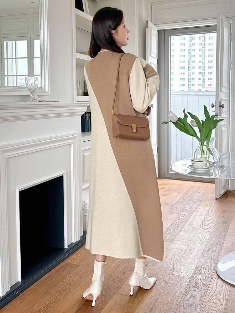 Color-Block Mock Neck Mid-Length Sweater Dress For Women,Fall Clothes