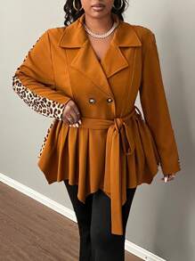 Slaydiva Plus Size Women's Elegant & Casual & Party Windbreaker Jacket, Collared, Ruched Asymmetric Hem, Solid Color & Leopard Print Patchwork, With Belt, Suitable For Autumn/Winter - Brown - View 5