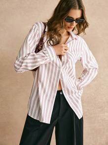 Poéselle Camicia casual da donna a righe con bottoni sul davanti e maniche lunghe, collezione Autunno/Inverno 2024, abbigliamento invernale, outfit autunnali da donna, maniche lunghe a righe - Beige - Visualizzare 1