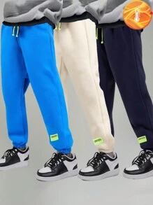 SHEIN 3 件套年轻男孩休闲纯色运动裤，适合日常穿着、大学、运动、户外玩耍、秋冬季 - 彩色 - 查看 3