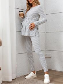 SHEIN Bộ đồ bà bầu dài tay dệt kim gân màu trơn cho nữ, bộ đồ dệt kim gân - Màu Xám nhạt - Xem 3