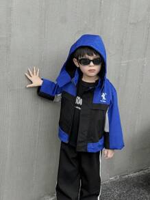 SHEIN 1pc Young Boy Korean Style Cute Hooded Contrast Color Splice Warm Winter Jacket With Furry Lining,Cartoon Animal Print Accent,Outdoor School Apparel - Blue - View 9