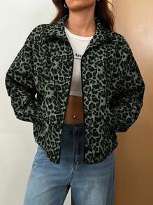 Muchica Leopard Print Zip Up Drop Shoulder Jacket - Army Green - View 4