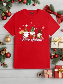 Manfinity Homme Fashionable Casual Christmas Snowman Print Fitted Crewneck T-Shirt For Men - Red - View 3