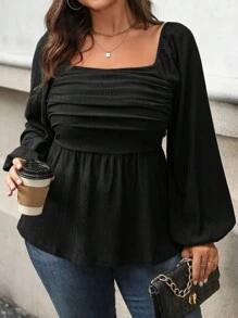 Vionelle Plus Size Solid Color Square Collar Ruffle Hem Long Sleeve Blouse Peplum Top - Black - View 4