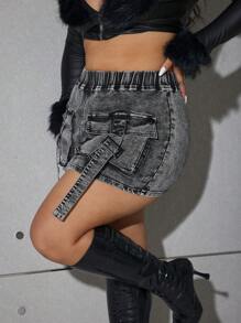SHEIN ICON Plus Size Women Black Denim Mini Skirt, Sexy And Casual Street Style - Black - View 7