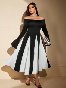 SHEIN Unity Plus Size Elegant Color Contrast Patchwork Flared Sleeve Dress - Multicolor - View 3
