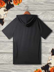 Manfinity Fitness Boyfriend Style Men Skeleton Hand Slogan Print Drawstring Hooded Short Sleeve Sports T-Shirt