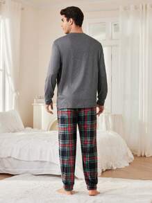 2 件套字母印花套头衫长袖羊毛格子长裤男士睡衣套装 - 灰色 - 查看 3