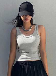 DAZY Áo ba lỗ bó cổ tròn màu trơn dành cho nữ - Màu Xám nhạt - Xem 3