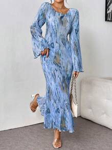 Calvaya Vestido de tul con estampado de teñido anudado, dobladillo de cola de pez ajustada, tela de satén fruncida, color albaricoque, atuendo maxi para mujer