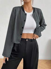 Chiquease Casual Striped Long Sleeve Cropped Jacket For Autumn - Dark Grey - View 1