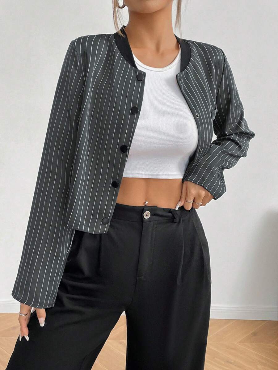 Chiquease Casual Striped Long Sleeve Cropped Jacket For Autumn - Dark Grey - View 1