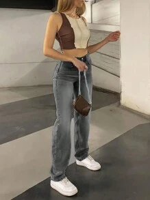 Front Button Pocket Casual Simple Slim Straight Leg Jeans - Grey - View 4