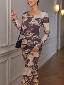 EMERY ROSE 女式扎染花卉印花腰部褶皱设计弹力网眼修身圆领长袖连衣裙 - 卡其色 - 查看 4