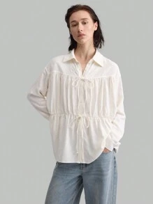 Ontre 领带细节褶皱新年法式袖口长袖衬衫，含 18% 亚麻，蝴蝶结，休闲日常装扮，白色可选，适合秋冬季女性 - 白色 - 查看 4