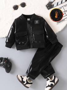 2pcs Baby Boys' Letter Patch Flap Detail Fleece Varsity Jacket & Sweatpants, Character, Long Sleeve, Street Wear, New York, Color Block,Autumn/Winter