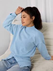 Teen Girl Solid Color Stand Collar Slit Casual Long Sleeve Pullover Sweater, Suitable For Gatherings In Autumn/Winter - Baby Blue - View 5