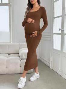 SHEIN Maternity Baby Shower Dress, Green Fitted Long Sleeve Bodycon Pregnant Dress, Autumn/Winter