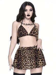 ROMWE J-Fashion Conjunto de pijama de mujer con estampado de leopardo que incluye babydoll inalámbrico con tirante halter y minifalda - Negro - Ver 5