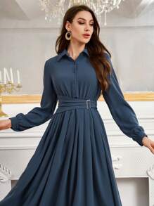 Modelyn Simple Button Front Belted Collar Long Sleeve Modest Dress Long Evening Dresses Fall Cloth For Women - Blue - View 6