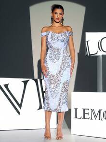 Off Shoulder Split Back Sequin Formal Dress - White - View 5