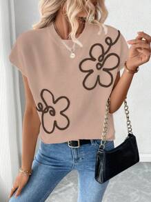 SHEIN LUNE Women Floral Pattern Round Neck Loose Short Sleeve Knitted Sweater